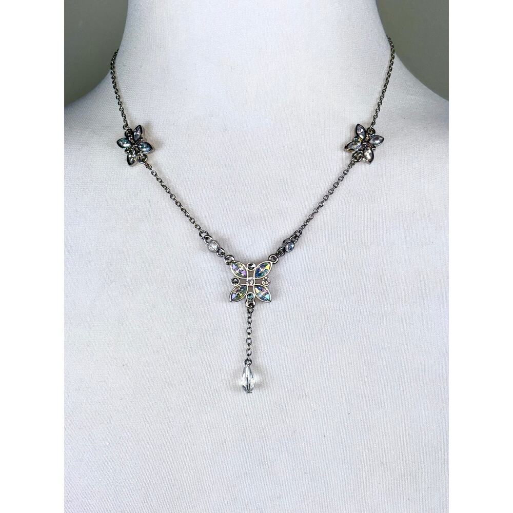 Silver Tone LBVYR Crystal Flower Y Drop Statement Necklace EUC